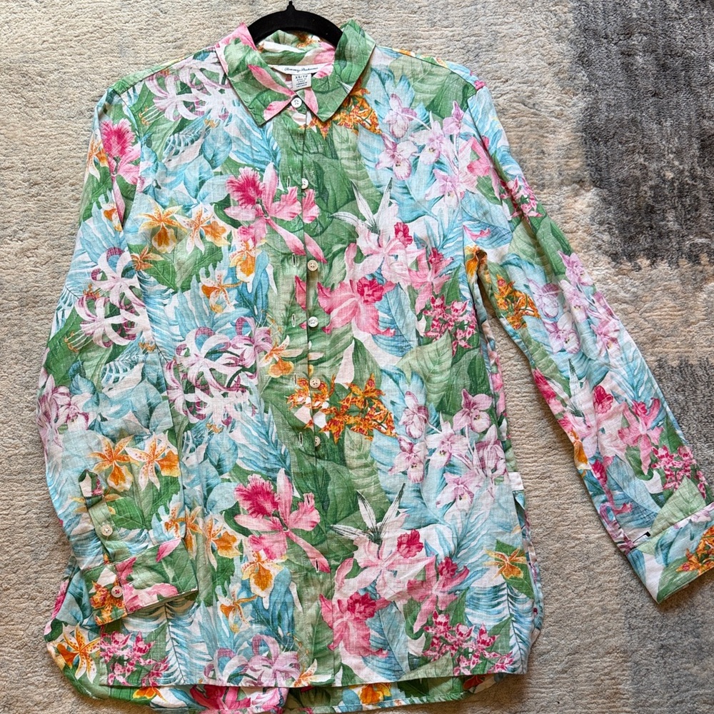 Tommy Bahama Tropical Floral Button-Up in Green, Pink & Blue